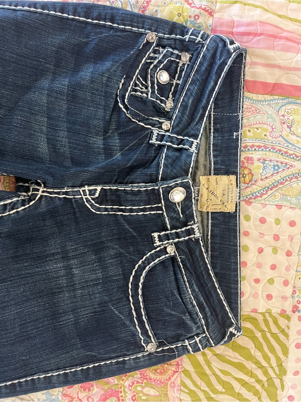 L.A. idol Dark Blue Boot Cut Jeans, White Contrast Stitching and rhinestones